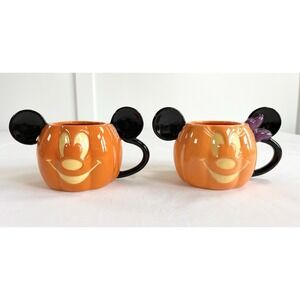 New 2 Disney Mickey & Minnie Mouse Halloween Jack O Lantern Coffee Mugs W/Ears
